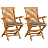Tuinstoelen 2 st met grijze kussens massief teakhout