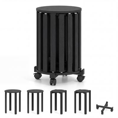 Set van 4 Stapelbare Houten Krukken Eetkamerkrukken met Massief Houten Poten en Vergrendelbare Wieltjes Multifunctionele Ronde Krukken-Zwart