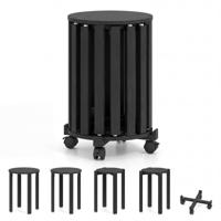 Set van 4 Stapelbare Houten Krukken Eetkamerkrukken met Massief Houten Poten en Vergrendelbare Wieltjes Multifunctionele Ronde Krukken-Zwart