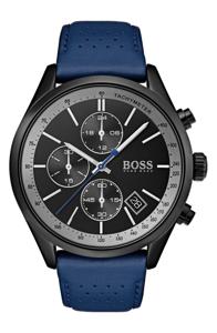 Boss heren chronograaf Grand Prix blauw geperforeerd lederen bandhorloge 44 mm