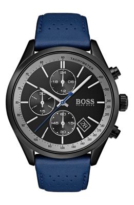 Boss heren chronograaf Grand Prix blauw geperforeerd lederen bandhorloge 44 mm
