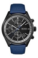 Boss heren chronograaf Grand Prix blauw geperforeerd lederen bandhorloge 44 mm