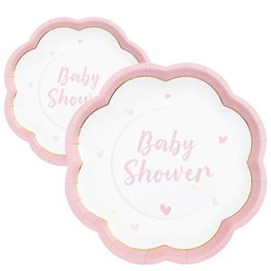 Feest/babyshower bordjes - geboorte - 16x - roze - bloem vorm - papier/karton - 20 cm