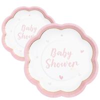 Feest/babyshower bordjes - geboorte - 16x - roze - bloem vorm - papier/karton - 20 cm