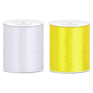 2x rollen hobby decoratie satijnlint geel-wit 10 cm x 25 meter - Cadeaulinten