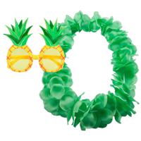 Tropische Hawaii party verkleed accessoires set - Ananas zonnebril - bloemenkrans fluor groen - thumbnail