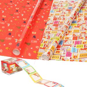 Sinterklaas inpakpapier/cadeaupapier 6x rollen en 50 naam stickers - Cadeaupapier