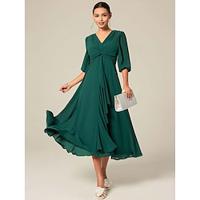 Dames A lijn jurk Maxi-jurk Chiffon Ruche Gedraaid Feest Bruiloft gast Elegant Formeel V-hals 3/4 mouw Uitlopende mouw Donkergroen Kleur Lightinthebox - thumbnail