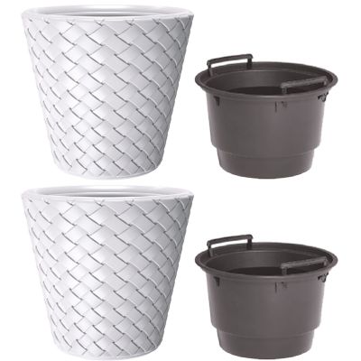 Set van 2x kunststof Matuba rotan bloempotten/plantenpotten wit 12 liter met binnenpot 8 liter