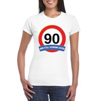 Verkeersbord 90 jaar t-shirt wit dames - thumbnail