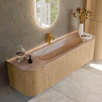 Badmeubel Mondiaz Kurve-Dlux | 160 cm | Meubelkleur Oak | Wastafelkleur Saba | Solid surface | Wasbak midden spoelbak | 1 kraangat