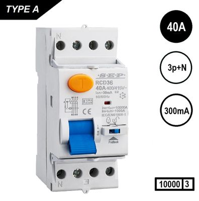 Aardlekschakelaar 3polig+N 40A 300mA Type A 10 kA SEP RCD36 slechts 2 modulen breed