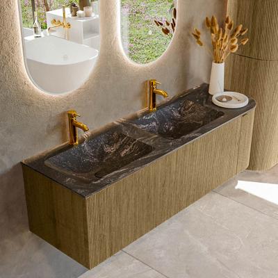 Badmeubel Mondiaz Kurve-Dlux | 145 cm cm | Meubelkleur Dusk | Wastafelkleur Lava | Solid surface | Dubbel / Links spoelbak | 2 kraangaten