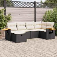 6-delige Loungeset met kussens poly rattan zwart