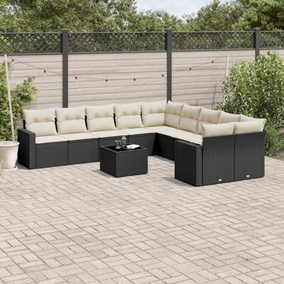 11-delige Loungeset met kussens poly rattan zwart