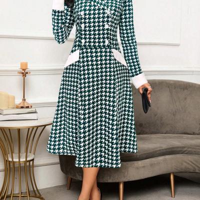Bon&Bon Houndstooth Double-Breasted Lapel Neck A-Line Office Midi Dress Green / L