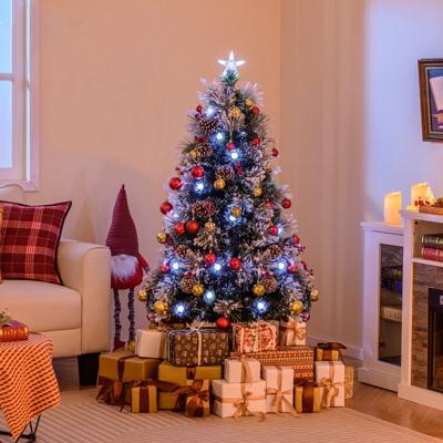 150cm/180cm Gevlokte Kerstboom Kunstkerstboom Dennennaalden Bosjes Rode Bessen Natuurlijke Dennenappels LED-Verlichting