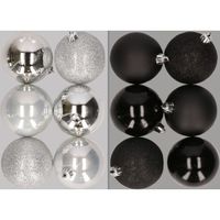 12x stuks kunststof kerstballen mix van zilver en zwart 8 cm   -