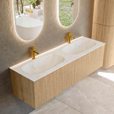 Badmeubel Mondiaz Kurve-Dlux | 150 cm | Meubelkleur Oak | Wastafelkleur Opalo | Solid surface | Dubbele spoelbak | 2 kraangaten