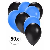 50x ballonnen - 27 cm - zwart / blauwe versiering - thumbnail