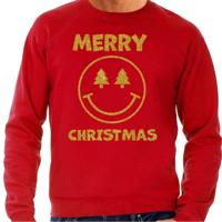 Foute Kersttrui/sweater voor heren - Merry Christmas - Smile Emoticon - rood - glitter goud