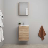 On-Line Badkamermeubelset - 45 cm - Voorgemonteerd - 1 Deur met Greep - Porseleinen Wastafel - 1 Kraangat - Spiegelkast - Eiken