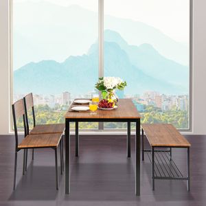 4-Delige Keukentafel en Stoelenset Industriële Tafelset met 2 Stoelen en 1 Bank Metalen Frame en Opbergrek Bruin