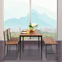 4-Delige Keukentafel en Stoelenset Industriële Tafelset met 2 Stoelen en 1 Bank Metalen Frame en Opbergrek Bruin