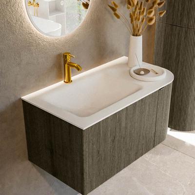 Badmeubel Mondiaz Kurve | 85 cm cm | Meubelkleur Shadow | Wastafelkleur Talc | Solid surface | Wasbak links zijde spoelbak | 1 kraangat
