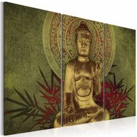 Schilderij - Boeddha - Groen, 3luik , premium print op canvas