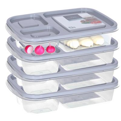 Vershoudbakje/lunchbox - 4x - luchtdicht - 3 vakjes - lichtgrijs - kunststof - broodtrommel -24 x 15