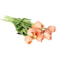 Kunst tulpen boeket Sally - 7x stuks - zalm kleur - real touch - 47 cm - kunst zijdebloemen