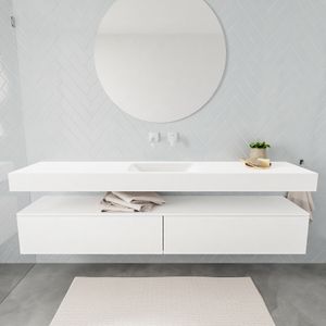 Aqua Splash Badkamermeubel AQS Ibiza 200 cm Twee Soft-Close Lades Solid Surface Wastafel Mat Wit - Outlet! Badmeubel Ibiza 200 cm Twee Lades Spoelbak