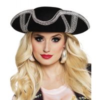 Carnaval verkleed hoed voor een Piraat - zwart/zilver - polyester - heren/dames - thumbnail