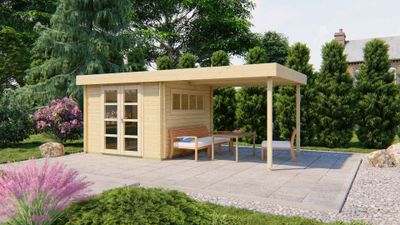 Tuindeco Dellinger Blokhut 300x300 cm + luifel 300 cm 28 mm vuren blank- Plat dak- Onbehandeld vurenhout- Tuindeco