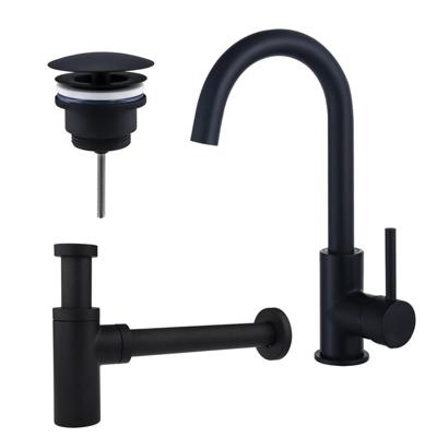 Fortifura Calvi Wastafelkraanset - hoge wastafelkraan - draaibare uitloop - always open plug - design sifon - Mat zwart SW809347/SW696205/SW696210