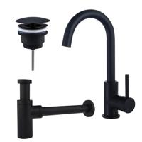 Fortifura Calvi Wastafelkraanset - hoge wastafelkraan - draaibare uitloop - always open plug - design sifon - Mat zwart SW809347/SW696205/SW696210