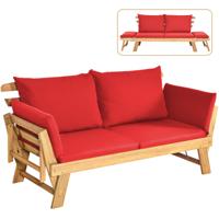 Patio Slaapbank Acacia Houten Dagbed met Verstelbare Armleuning Opvouwbare Chaise Longue met Kussens Buiten Loveseat Rood