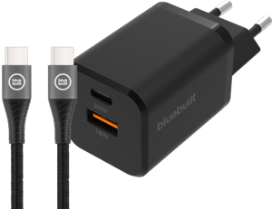 BlueBuilt Snellader met 2 Usb Poorten 38W Zwart + Usb C Kabel 1,5m