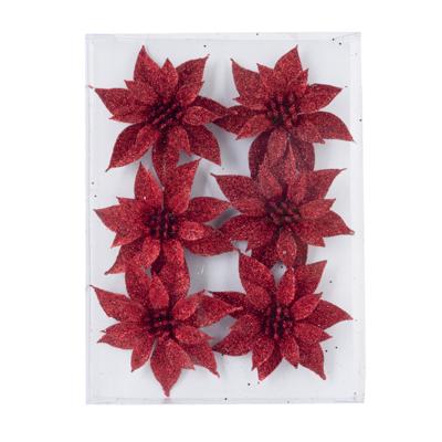 Decoratie bloemen - rozen - 6x - rood glitter - op ijzerdraad - 8 cm - Decoratiebloemen