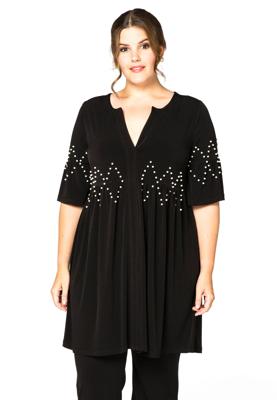 Yoek Tunic ruffled pearls | Zwart | Maat 58/60