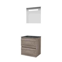 Basic-Line Economic 46 Badkamermeubelset - 60 x 46 cm - Greeploos - 2 Lades - Hardstenen Wastafel - 1 Kraangat - Spiegel met LED Verlichting - Scotch Oak