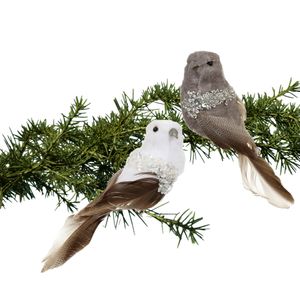 Kerstboomversiering vogels op clip - 12x st - grijs/wit - 17 cm - kunststof