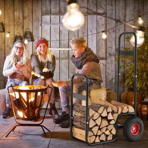 Houtkar met Slijt- en Stootvaste Rubberen Wielen Houtopslag voor Binnen en Buiten Stevig Metalen Frame