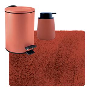 MSV badkamer droogloop tapijt langharig 50x70 cm - pedaalemmer 3L - zeeppompje 300 ml - terracotta