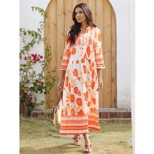 Dames Feestjurk Ruimvallend Satijn Maxi Maxi-jurk Oranje 3/4-Lengte Mouw Bloemen en planten Bloem / Planten Opdrukken Lente Lente en zomer Opstaand V-hals Jurk