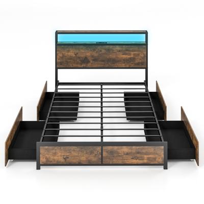 Tweepersoonsbedframe met LED Platformbed & Lades Geluidsloos Bedframe Rustiek Bruin