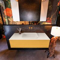 Badkamermeubelset Mondiaz Erin 120 cm met 1 Lade met RIDGE Wastafel Midden Linen Zonder Kraangaten Greeploos Mat Ocher