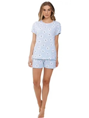 Dames shortama katoen - Blue Flower - Zomer pyjama