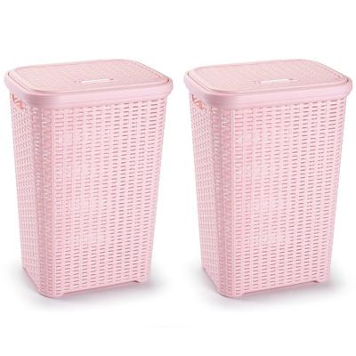 Plasticforte Wasmand met deksel - 2x stuks - 60 liter - lichtroze - rotan - kunststof - L35 x B43 x